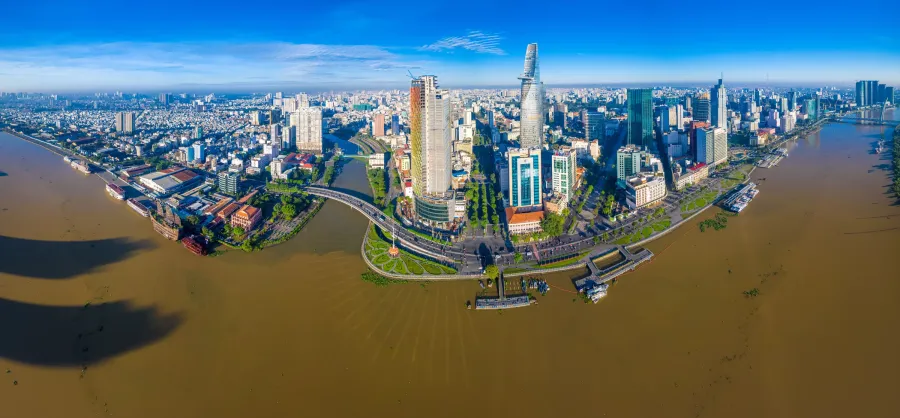 Aerial panorama of Thu Thiem district and downtown HCMC