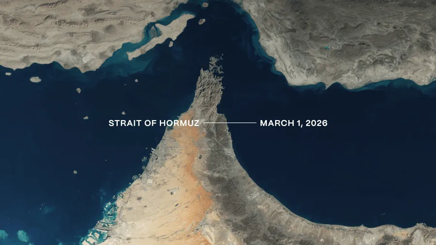 Strait of Hormuz satellite view, a strategic chokepoint for global oil shipping