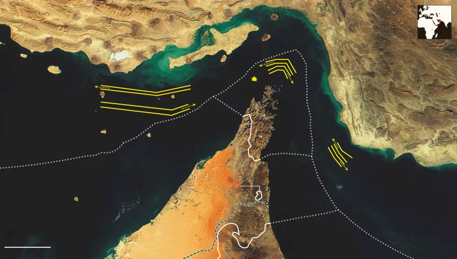 Satellite view of the Strait of Hormuz, international shipping routes disrupted