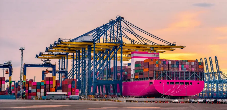 Busy container port in the US, where imported goods await tariff refunds