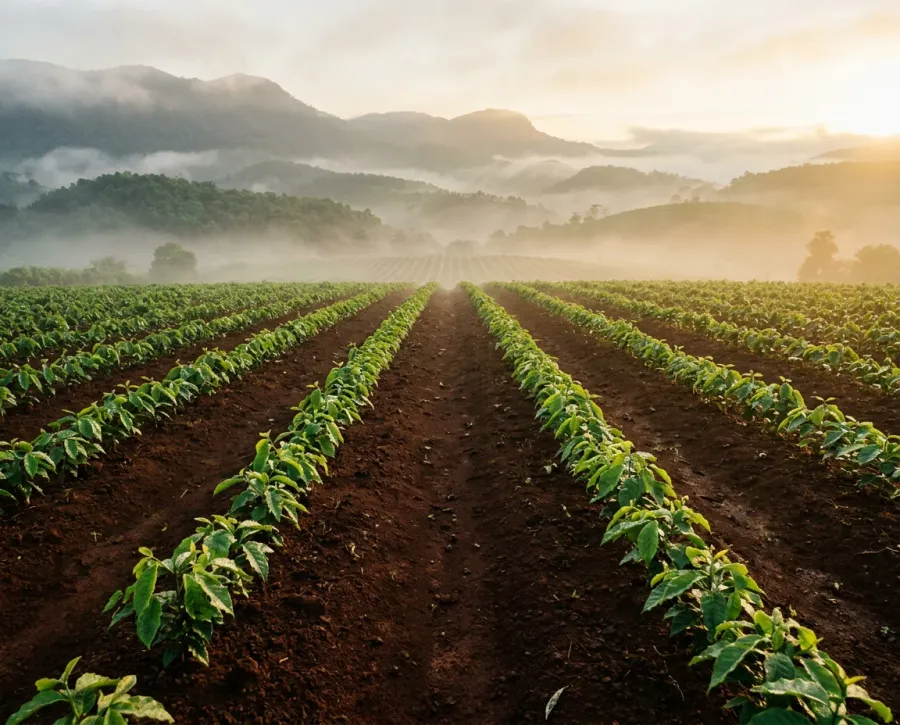 Newly planted coffee seedlings on the plateau, trees take approximately three years before commercial harvest