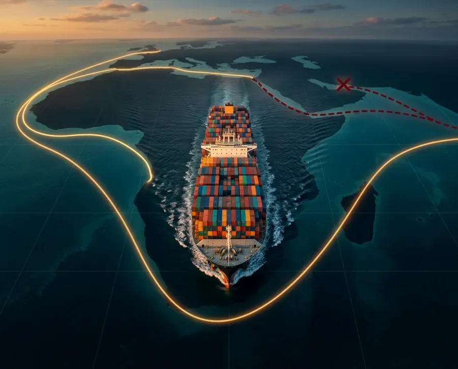 Container vessel rerouting around the Strait of Hormuz onto an alternative shipping lane
