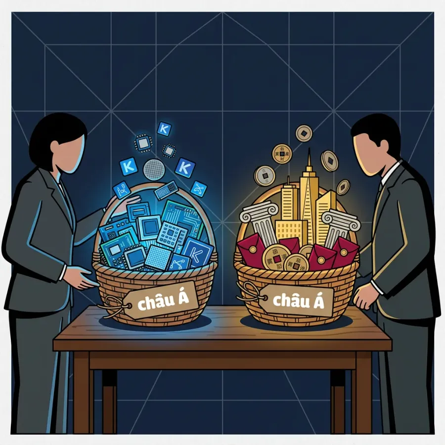 Illustration of two investors standing before two &amp;quot;Asia&amp;quot; baskets that look alike externally but contain completely different holdings