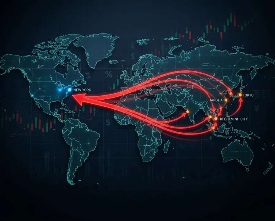 Global capital flow map with red arrows leaving Asian markets toward the United States