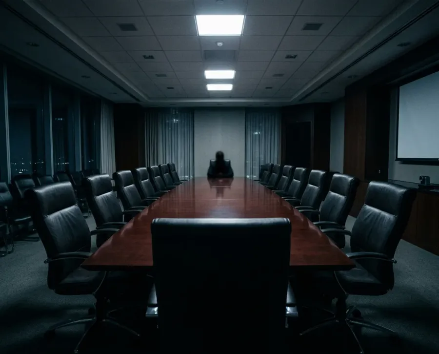 Board meeting room with most chairs empty