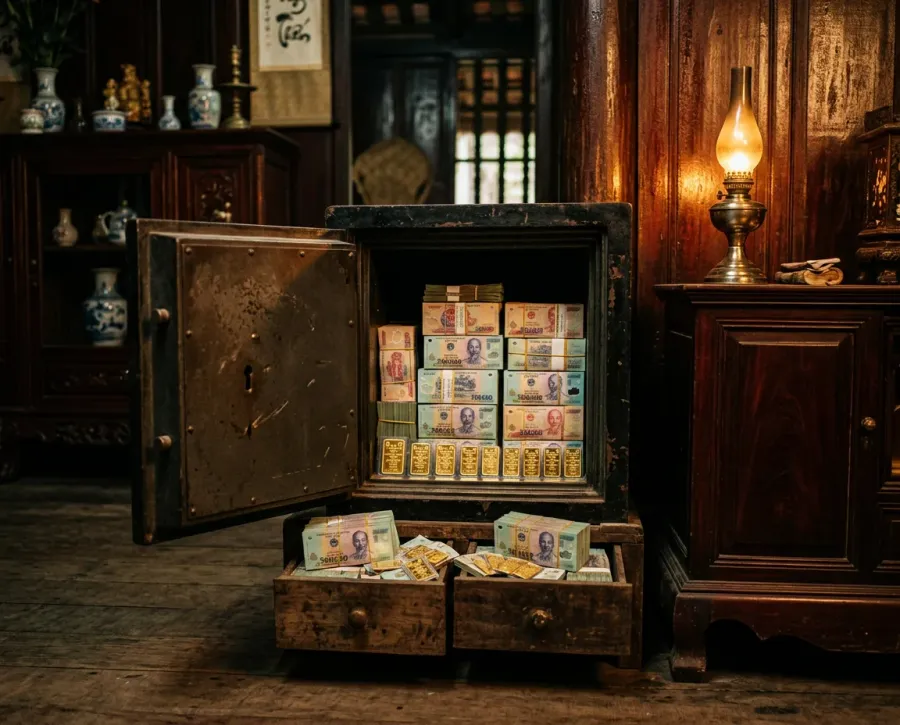 Cash and valuables stored in a home safe — a metaphor for idle money kept at home