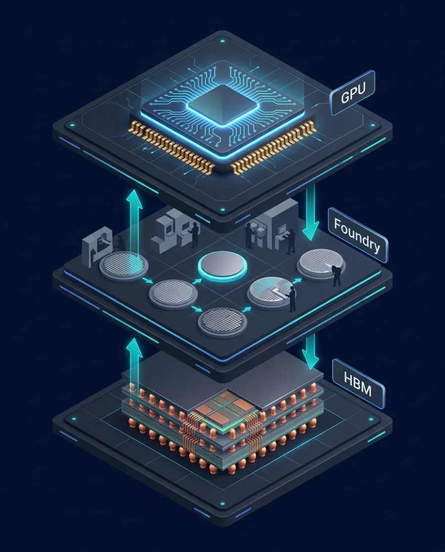 Three-layer AI chip chain diagram: GPU, Foundry, and HBM stacked