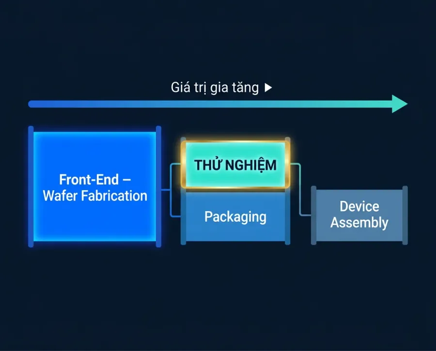 The semiconductor value chain: testing sits in the back-end, above assembly but below front-end fabrication