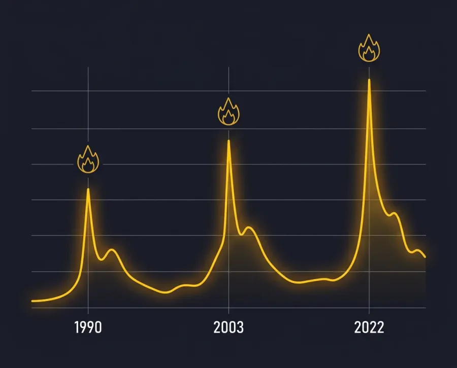 Gold price peaks during major conflicts: 1990, 2003, 2022