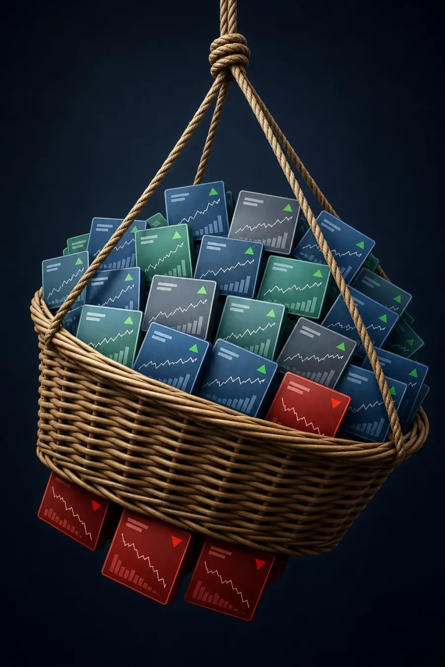 Illustration of a portfolio basket still being dragged lower