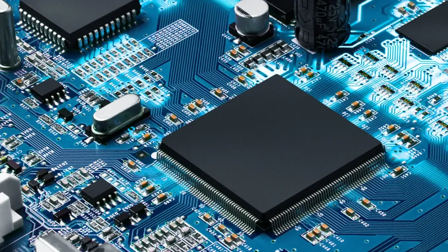 Close-up of a semiconductor chip, the part of the chain most heavily repriced by AI expectations