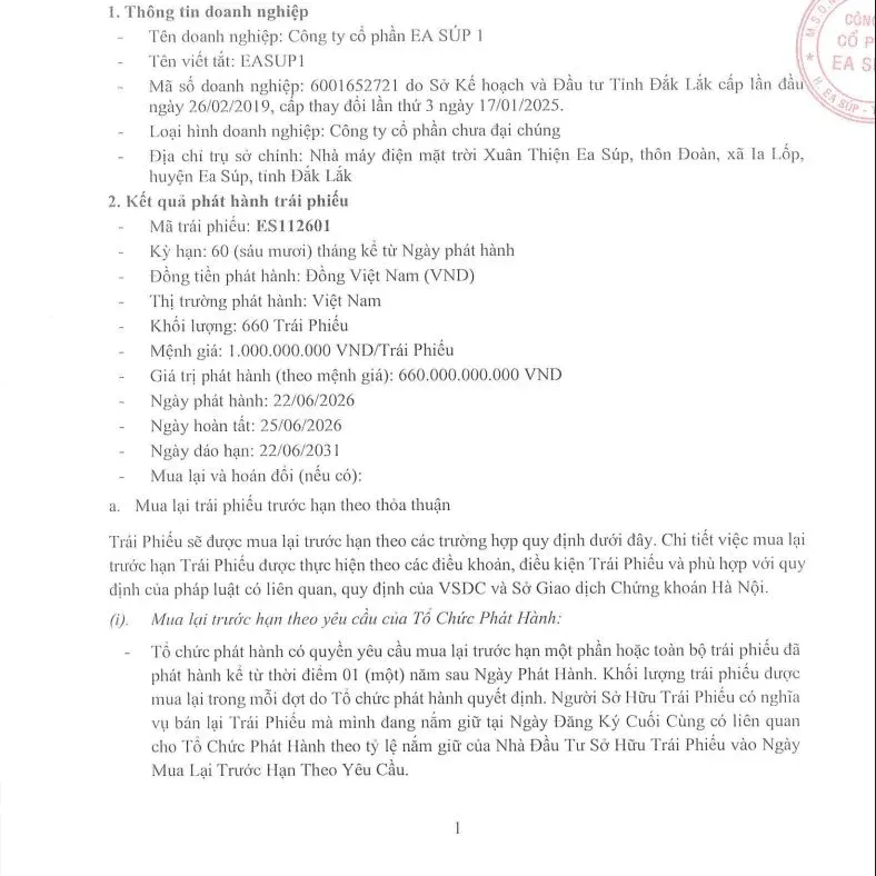 Disclosure page for the ES112601 bond