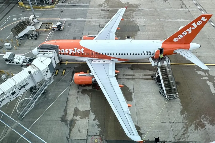 easyJet aircraft receiving ground service at an airport