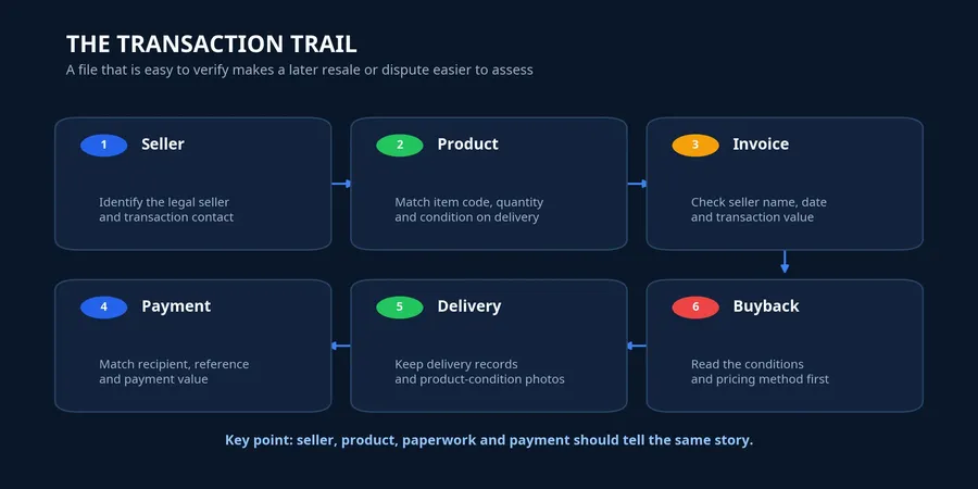 Gold transaction trail from seller to buyback terms