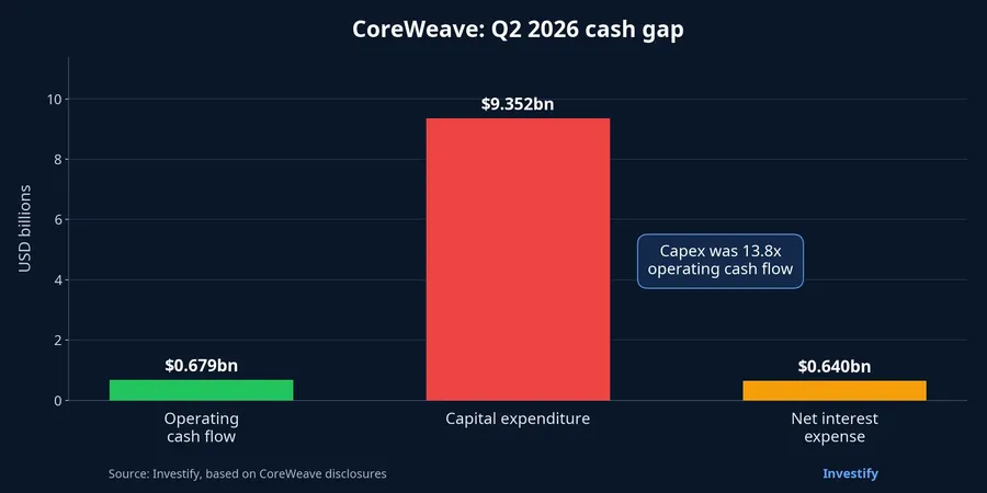 Chart comparing CoreWeave operating cash flow, capital expenditure, and interest expense