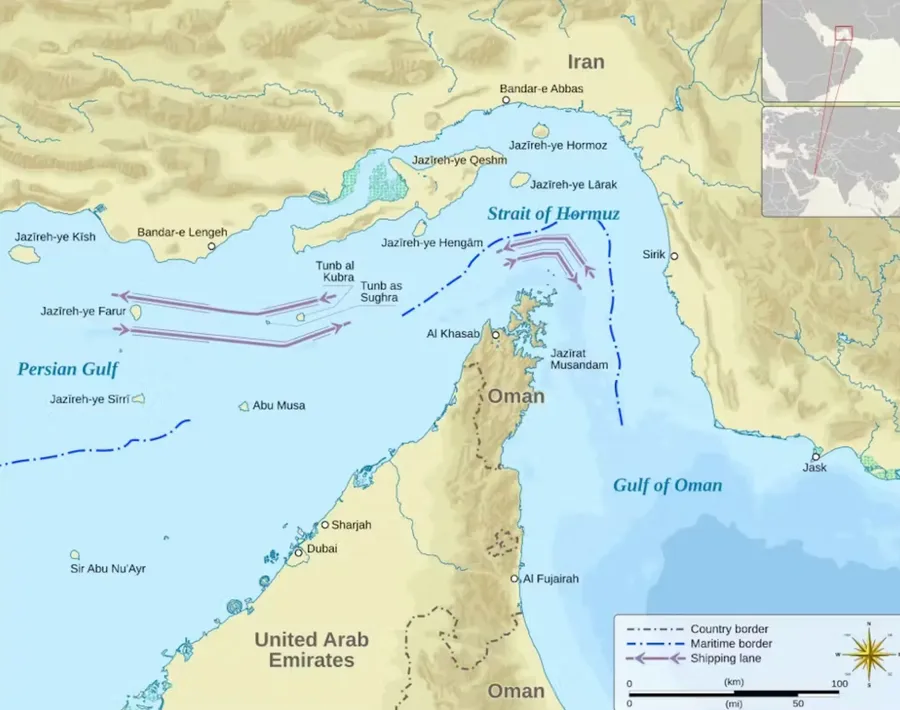 Map of shipping lanes through the Strait of Hormuz