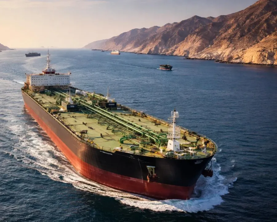 An oil tanker moving through the Strait of Hormuz region