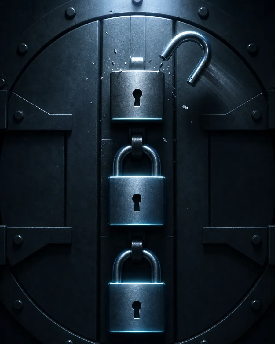 Three padlocks stacked on a vault door, only one has just opened