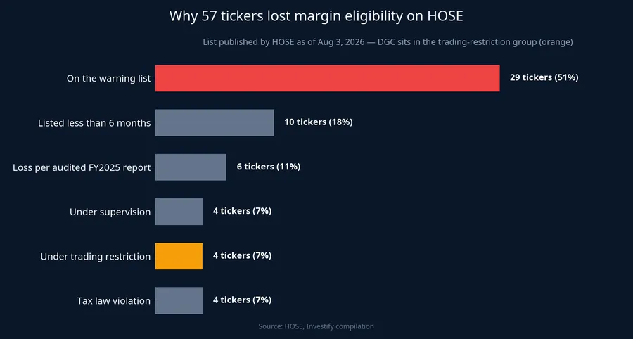 Breakdown of the 57 HOSE tickers barred from margin trading, by reason