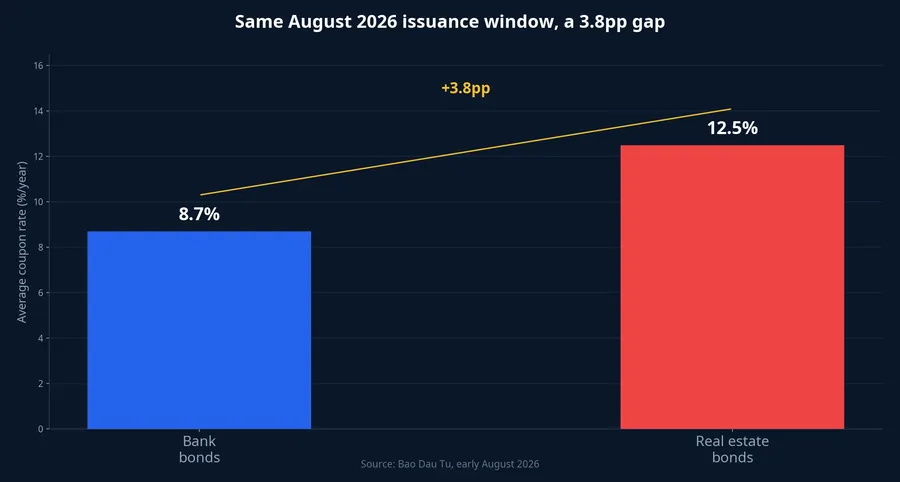 Coupon rate gap between bank bonds and real estate bonds, August 2026