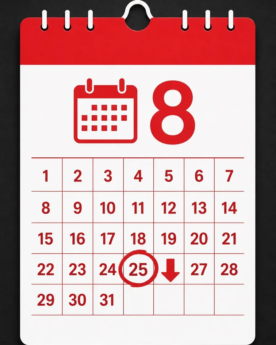 August 2026 calendar with the 25th circled in red, marking the record date
