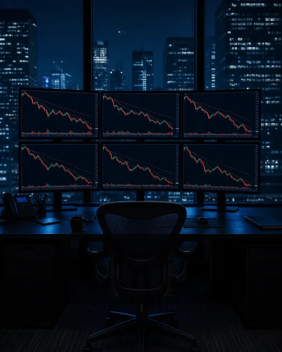An empty trading desk with monitors showing falling charts