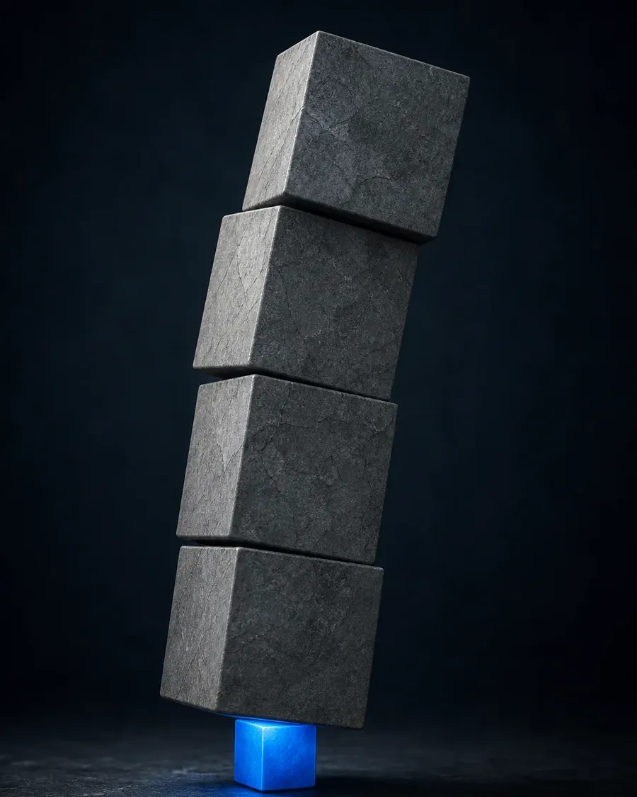 A leaning tower of stacked cubes resting on one small block at the base, a metaphor for financial leverage