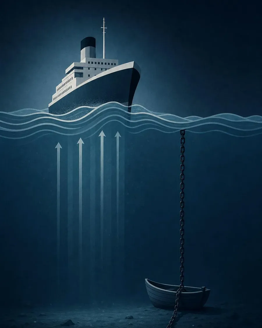 A large ship lifted by rising water while a small boat is chained to the bottom