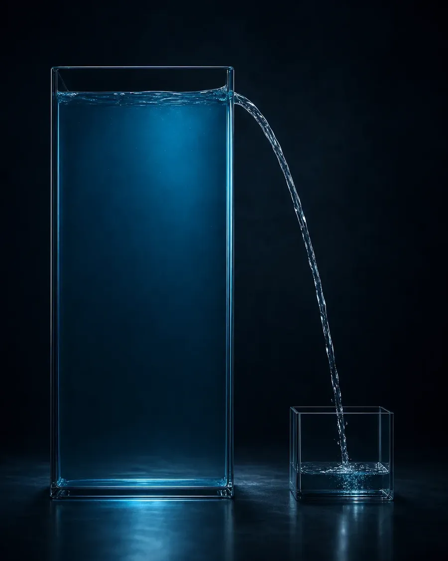 Two glass tanks of vastly different sizes, illustrating the small slice of AUM actually available to retail investors