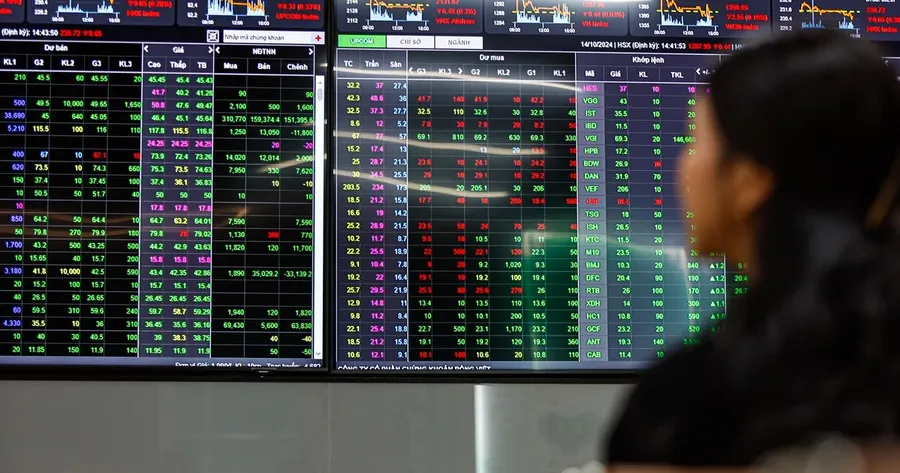 An investor watches a stock price board