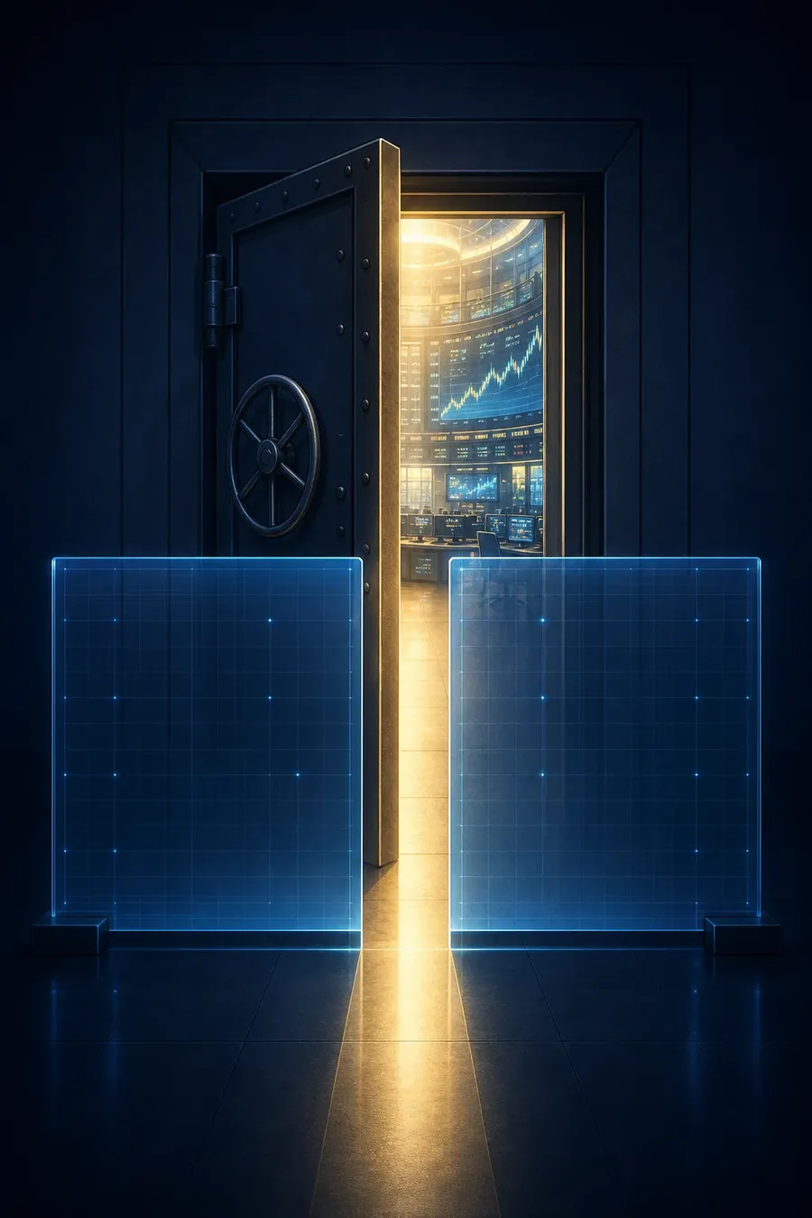 A door cracked open onto a trading floor, blocked by a narrow barrier