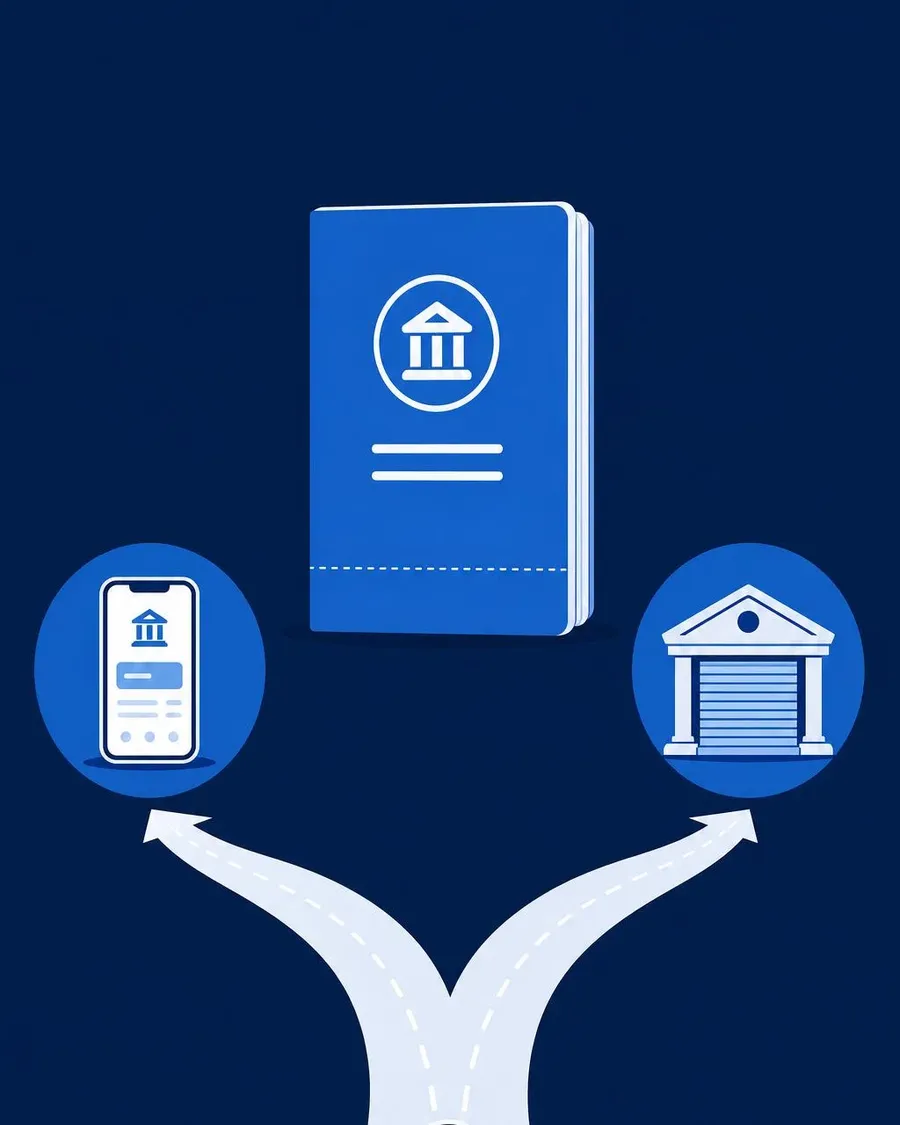 A savings passbook standing at a fork between an online path and a branch counter path