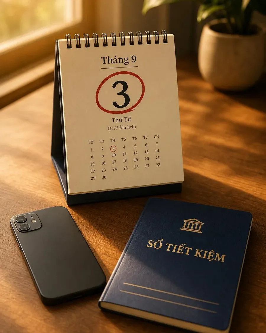 A desk calendar circling September 3 next to a closed passbook and a phone
