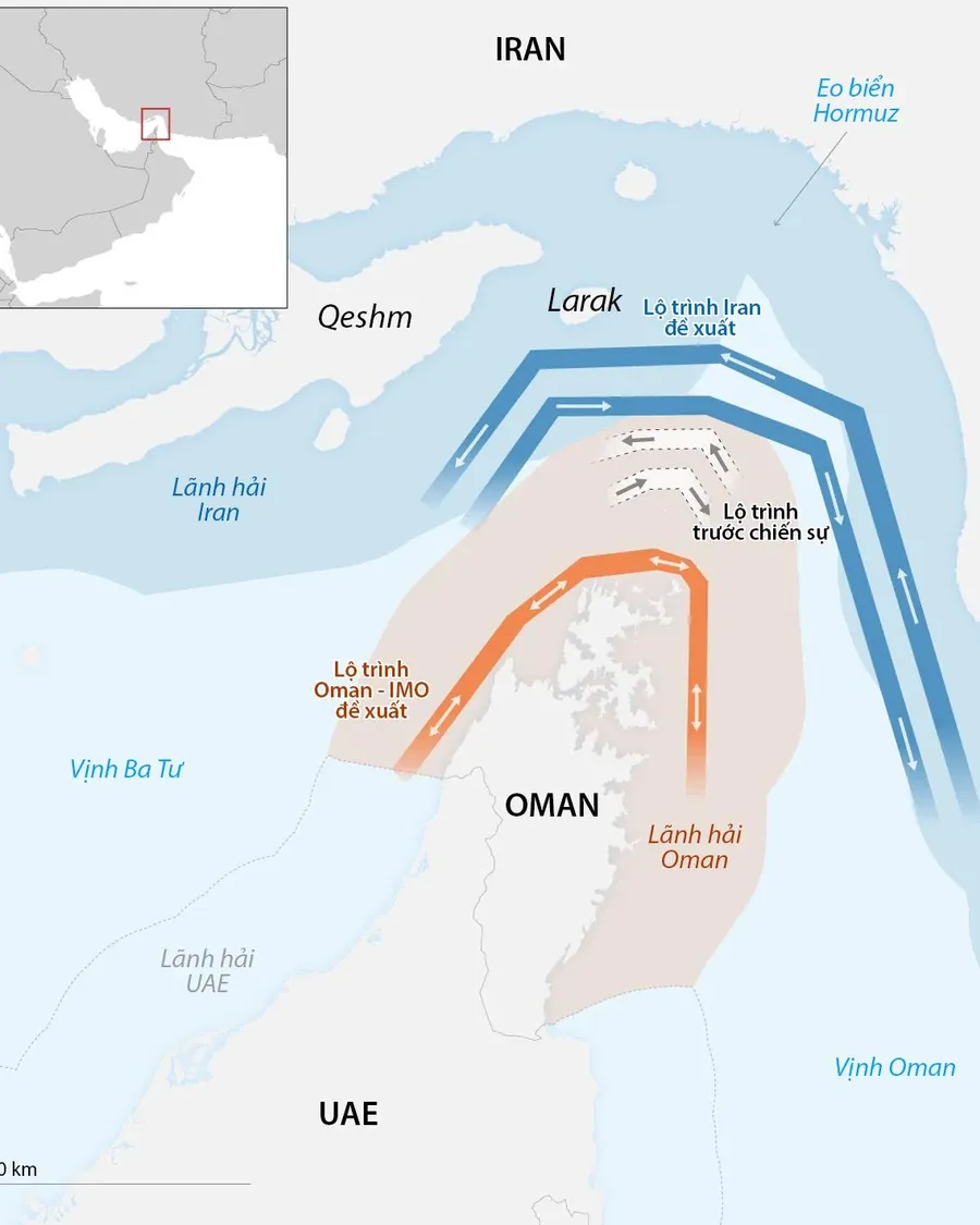 Map of the Strait of Hormuz showing Larak Island and proposed shipping lanes