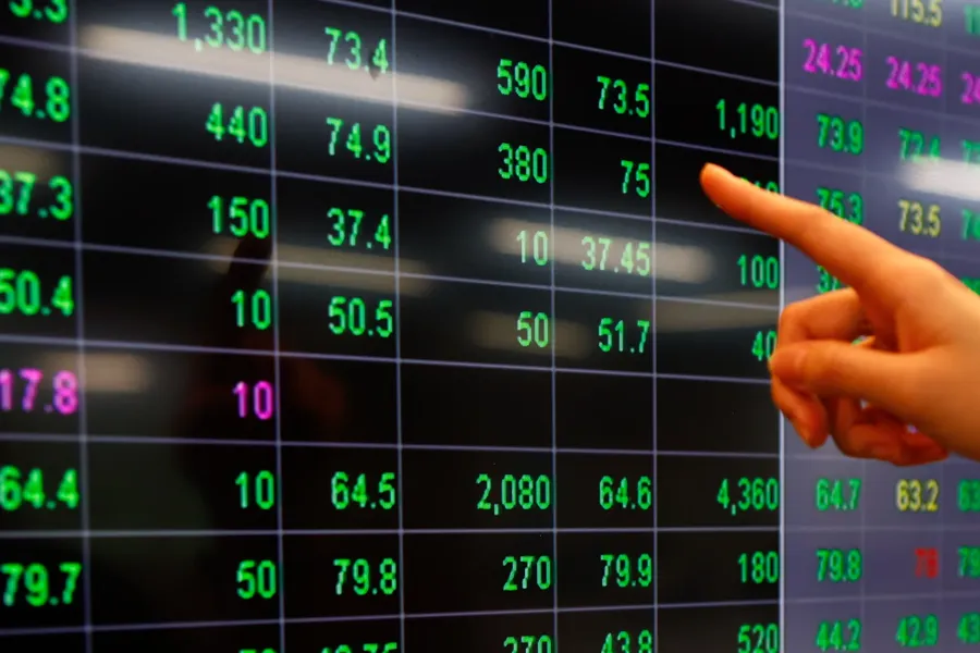Electronic trading board showing bank stocks