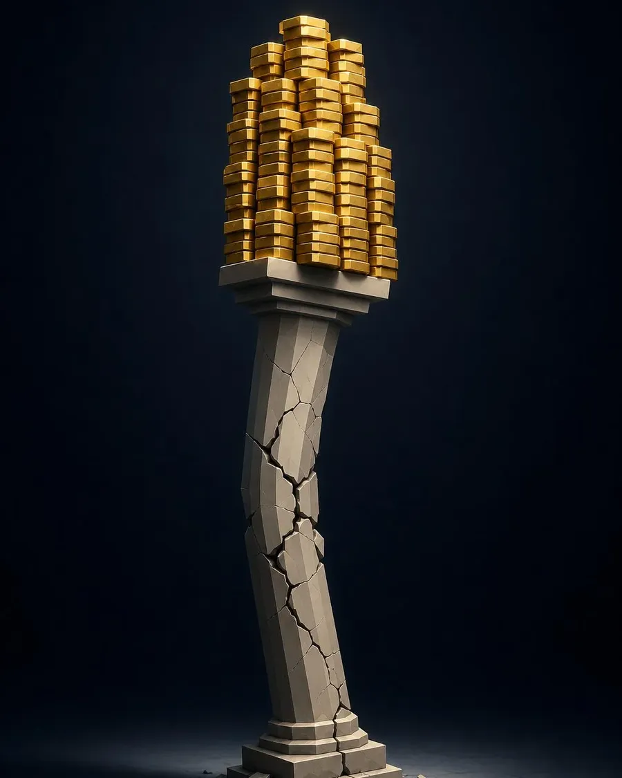 Illustration of credit concentration risk: a heavy stack of assets resting entirely on a single leaning pillar