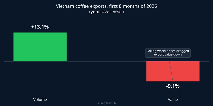 Vietnam coffee exports, first 8 months of 2026: volume up 13.1%, value down 9.1%