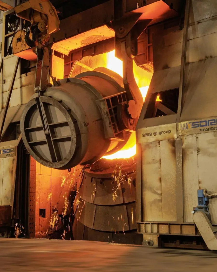 Molten iron being tapped from a blast furnace
