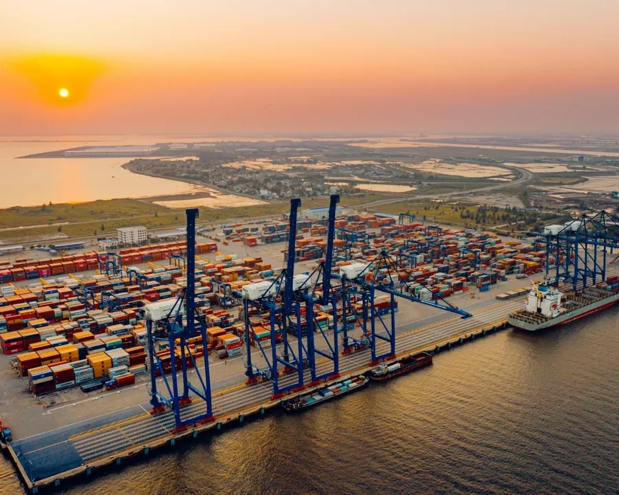 Vietnamese container port at sunset