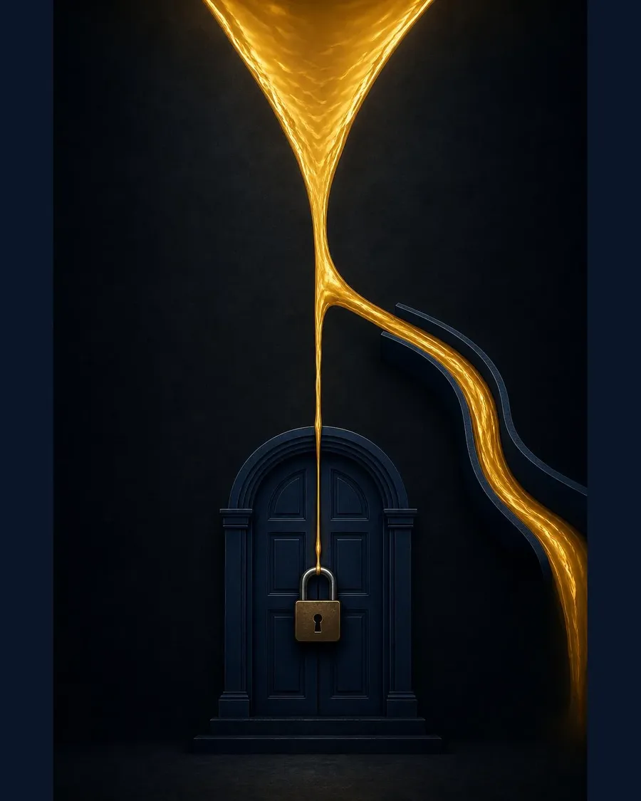 A locked door with gold splitting into a new channel
