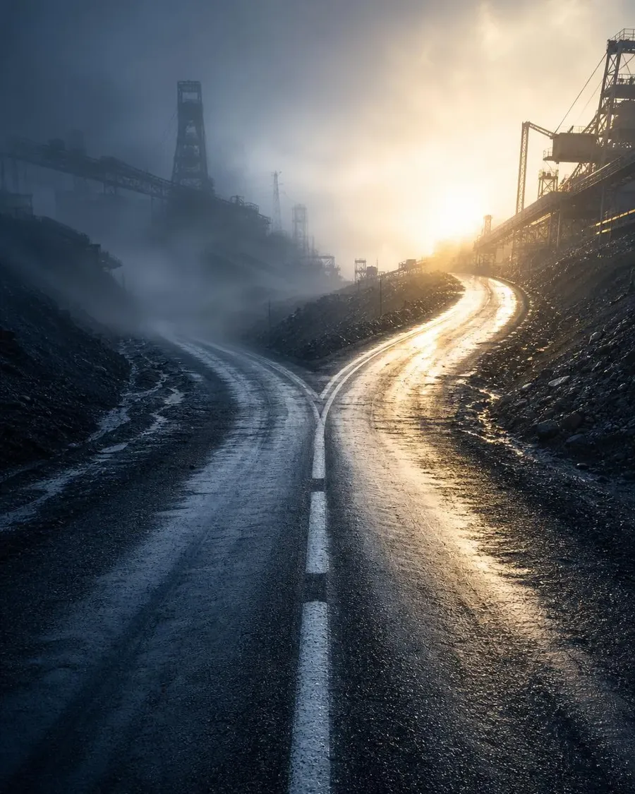 A mine road forking into fog
