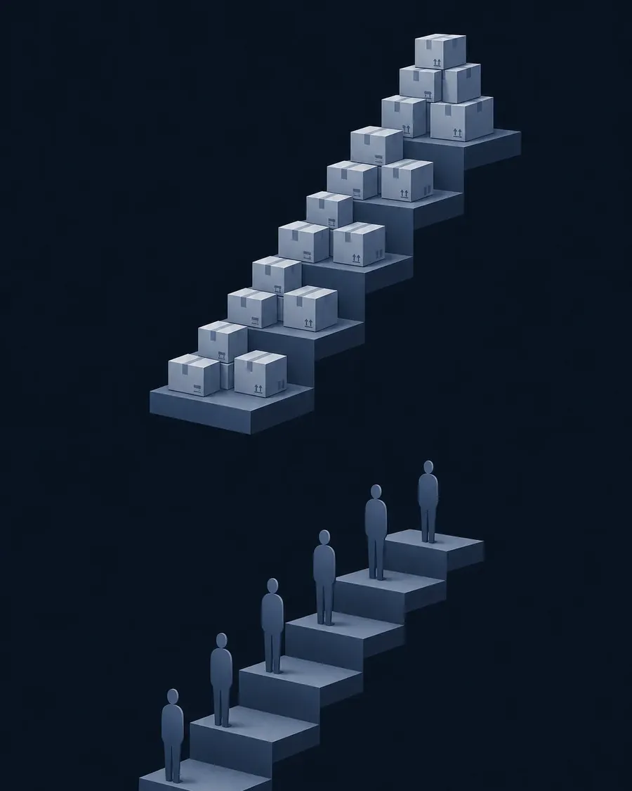 Two disconnected staircases: inventory piled up above, buyers waiting below