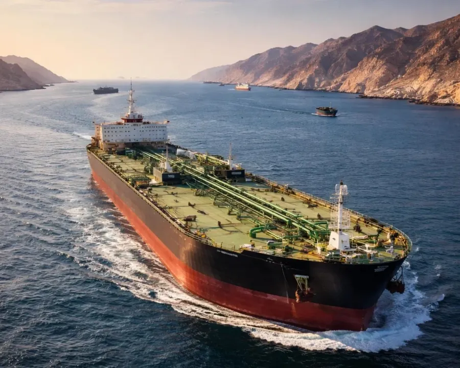 An oil tanker moving through the narrow waters near the Strait of Hormuz