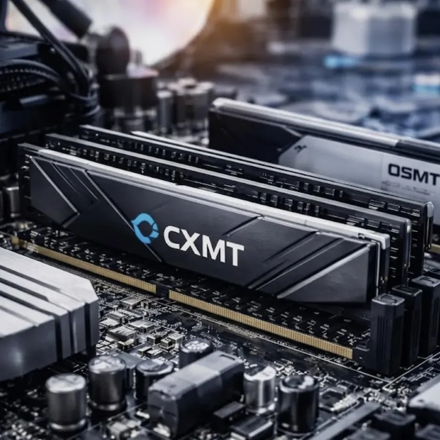 Close-up of DRAM memory chips on a computer motherboard