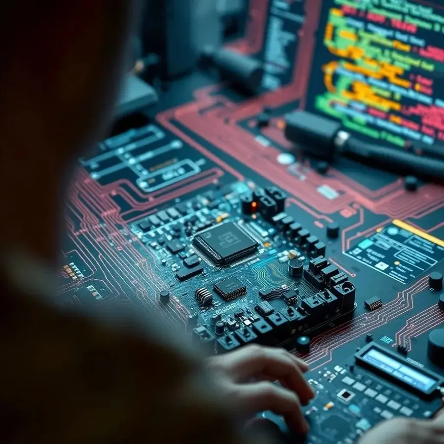Automotive software engineer working with an electronic circuit board