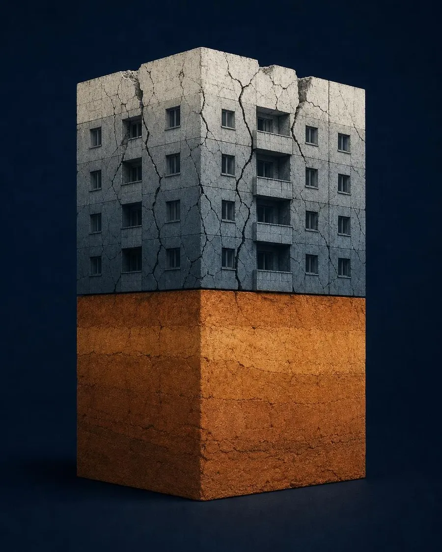 A block of apartments split into two layers: a solid earth foundation below, a cracking concrete structure above