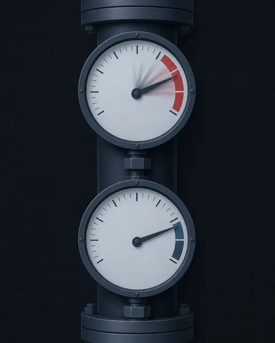 Two pressure gauges, one swinging wildly and one holding steady at a high level