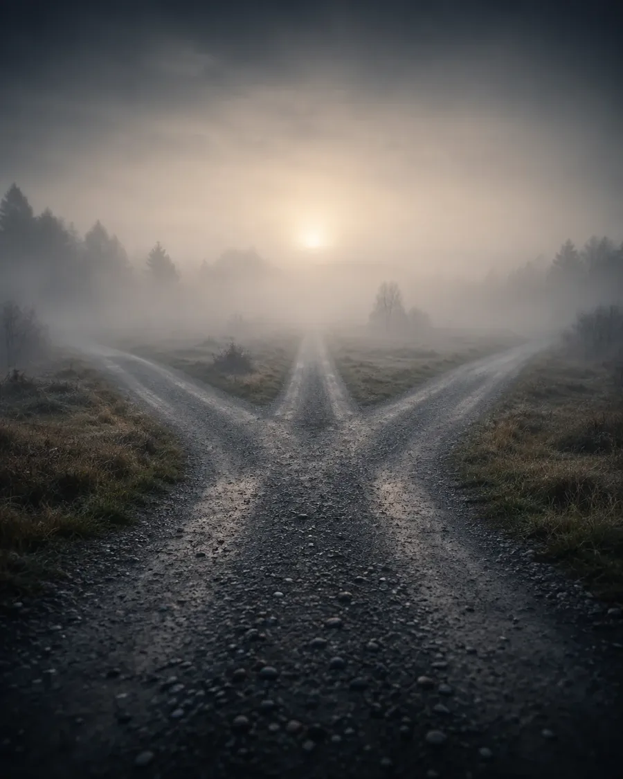 Illustration of a road splitting into three paths at dawn