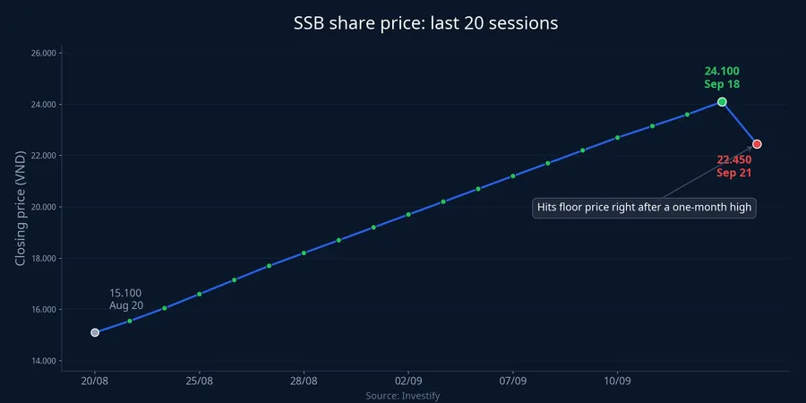SSB closing price over the last 20 sessions, climbing from VND 15,100 to VND 24,100 before hitting the floor