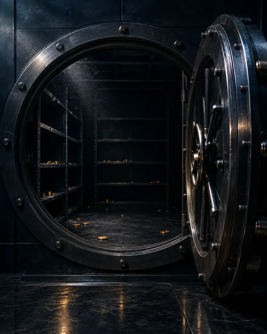 An open bank vault, nearly empty, with a few gold coins left